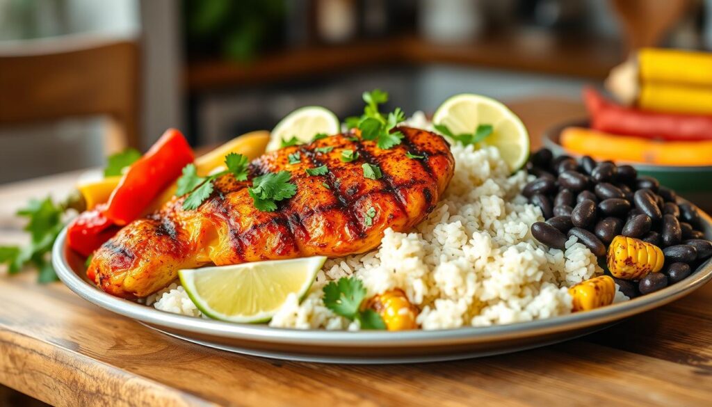 Mexican chicken served with rice, black beans, and roasted vegetables