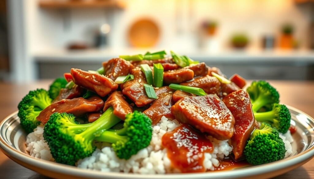 beef and broccoli served with rice and garnishes
