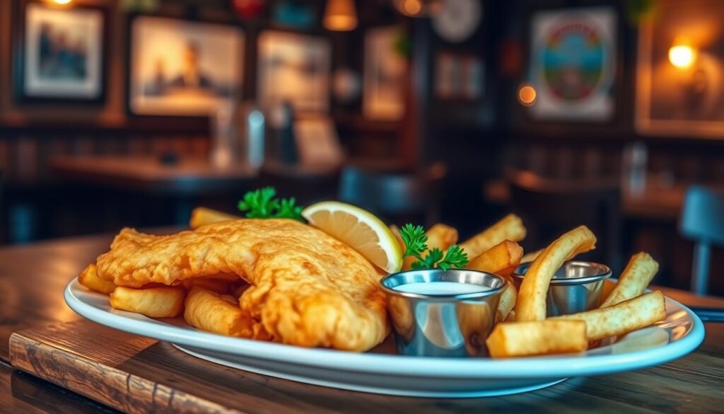 beer battered fish served with classic fish and chips presentation
