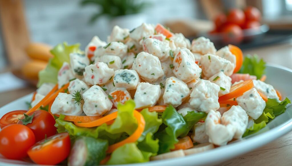 creamy crab salad with fresh vegetables and herbs