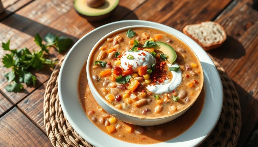creamy pinto bean vegetable soup recipe with toppings