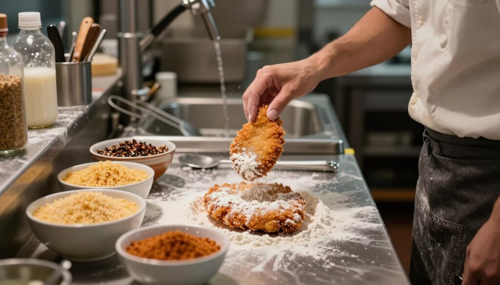 crispy chicken cutlet being breaded at dredging station