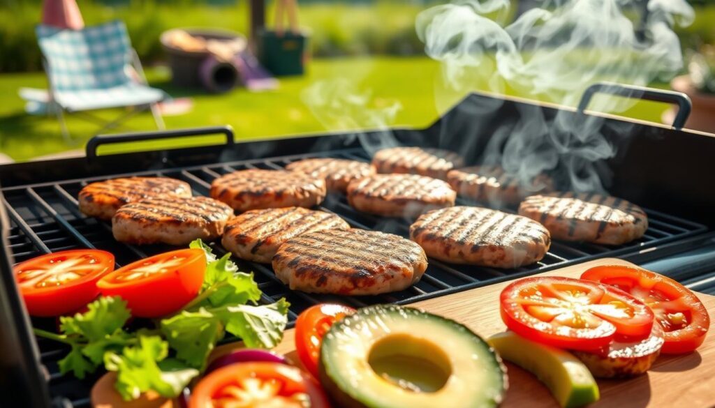 grilled turkey burgers on a summer cookout grill
