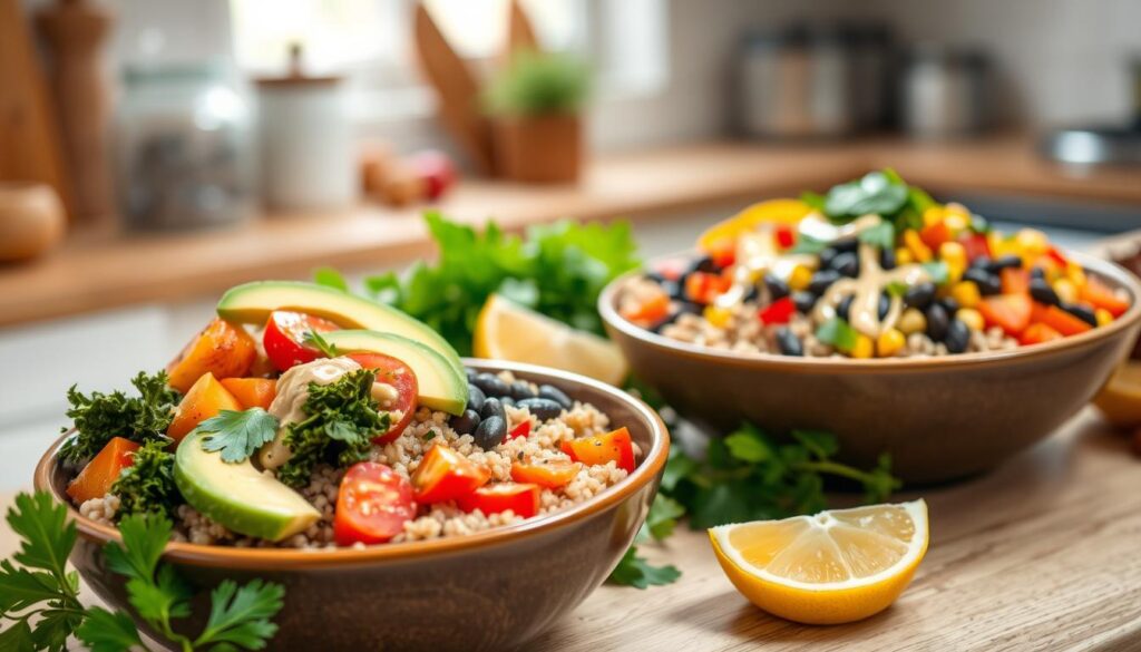 healthy vegetarian cooking bowls with grains and vegetables