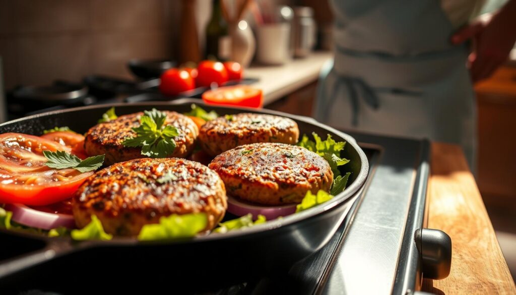 homemade turkey burgers cooking on stovetop