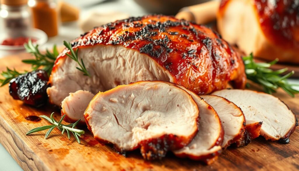juicy smoked turkey breast on cutting board