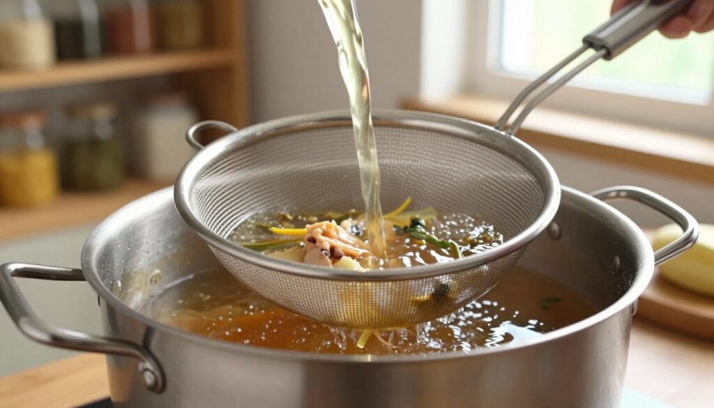 straining homemade chicken stock through fine mesh