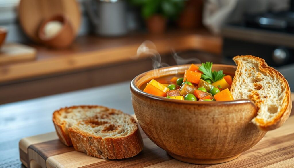 vegetable soup served with crusty bread and fresh garnishes